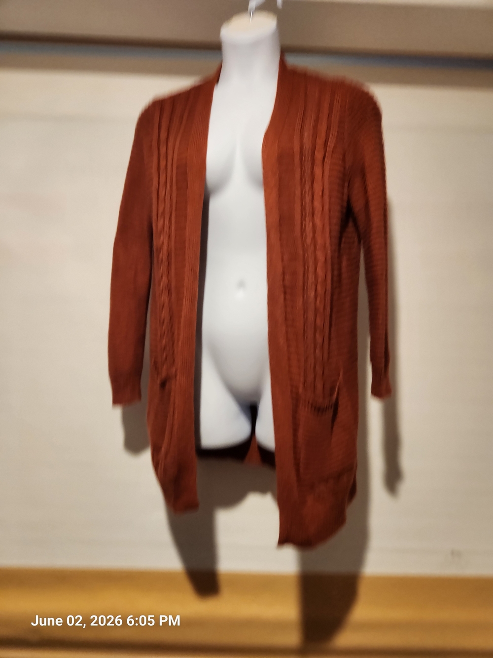 Pink Rose Open-Front Cable Knit Cardigan in Rust